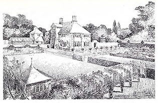 A black and white drawing of the exterior of an antique country home surrounded by formal landscaping.