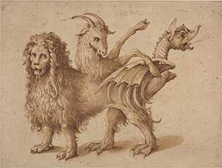 A drawing of a chimera in ink wash, chalk, and pencil on toned paper. The hybrid beast is part lion, goat, and serpent.