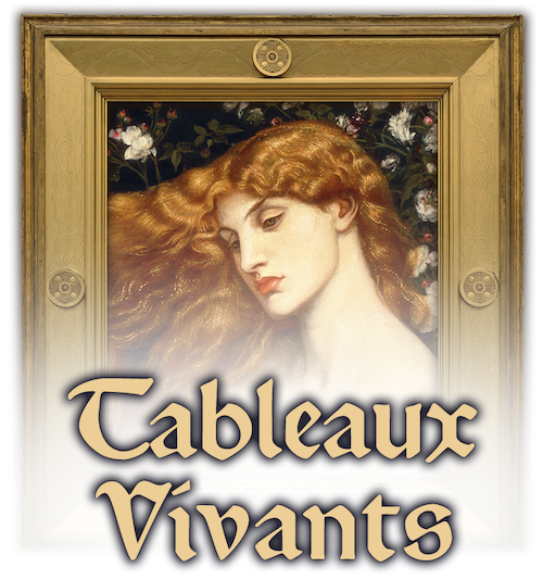 The title 'Tableaux Vivants' in large, Medieval revival-style lettering over a photographic collage: a 19th century painting in a gold frame of a woman with long hair surrounded by roses against a backdrop of decorative floral wallpaper by William Morris. The bottom of the framed painting is transparent, and gradually fades into nothingness.