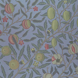 A detail of wallpaper with branches bearing stippled lemons, pomegranates, and flowers intertwined in an abstract floral pattern against a background of gentle blue.