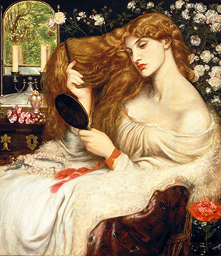 An oil painting of a red-haired woman in a white, off-the-shoulder gown, combing her hair and gazing into a hand mirror, seated at a vanity and surrounded by rose bushes, with a surreal view of a luminous forest where the vanity's mirror should be.