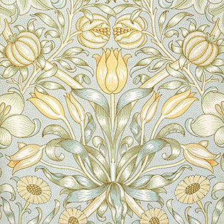 A detail of wallpaper illustrated with lily flowers and pomegranate fruits in muted, pastel tones of orange and blue-green.