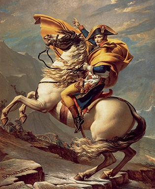 An oil painting of Napoleon Bonaparte riding a horse. They are posed in front of a dramatic alpine landscape, with soldiers and canons in the distance. The stallion rears up on his hind legs as Napoleon looks toward the viewer and points up to the sky, his cape sweeping dramatically behind them.
