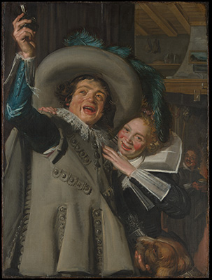 An oil painting of young man and woman in 17th century Dutch dress, both of whom smile and laugh. The man raises his glass to a toast, and a dog places her snout into the man's hand. The trio is posed in front of a curtain, and another gentleman stands further into the interior of the inn.